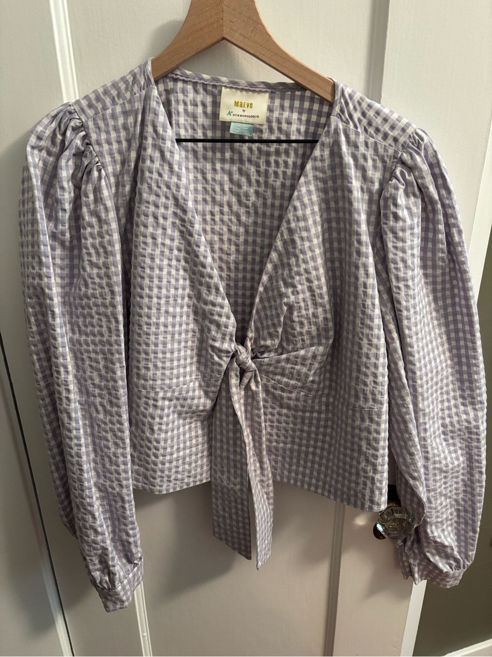 Anthropologie Lavender Gingham Tie-Front Puff Sleeve Blouse
